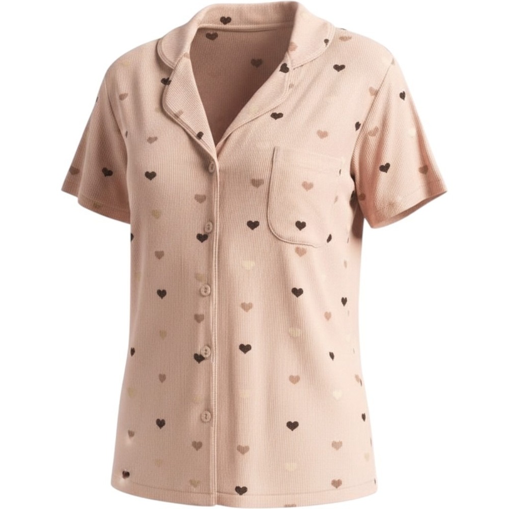 Skims Heart Print Short Sleeve Sleep Top Pink Button Down Pajama ST-SST-5759W S